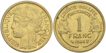 Франция 1 франк 1940 тип Морлон KM 885, LE FRANC 219.11 алюминиевая бронза 3853-223