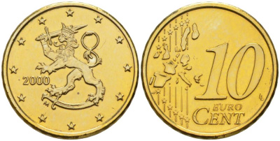 Финляндия 10 евроцентов 2000 KM 101 латунь 68-1136