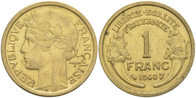 Франция 1 франк 1940 тип Морлон KM 885, LE FRANC 219.11 алюминиевая бронза 3853-223