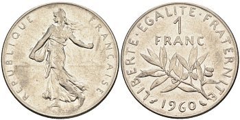 Франция 1 франк 1960 сеятель, тип Semeuse KM 925, Le Franc 226.5 никель 4592-1052