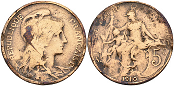 Франция 5 сантимов 1910 тип Дюпюи KM 842 бронза    4153-343