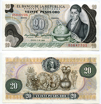 Колумбия 20 песо 1983 Франсиско Хосе де Кальдас, музей золота Pick 409d бумага UNC (пресс) 7487-64-1-2