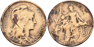 Франция 5 сантимов 1910 тип Дюпюи KM 842 бронза    4153-343