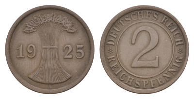Германия 2 рейхспфеннига 1925 A KM 38, J.314, Weege 4 медь 4639-1227