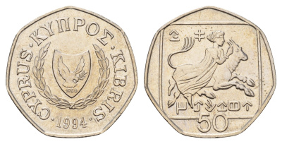 Кипр 50 центов 1994 похищение Европы KM 66 медно-никель 3459-821
