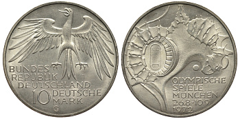 ФРГ 10 МАРОК 1972 G, ОЛИМПИАДА, СТАДИОН KM 133, J.404 серебро UNC 1520-1444