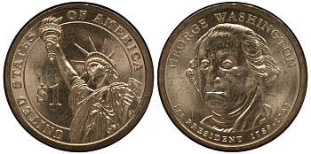 США 1 доллар 2007 P, серия президенты США, Джордж Вашингтон (1789-1797), из ролла KM 401 медь с марганцево-латунным покрытием UNC M1-01