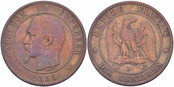 ФРАНЦИЯ 10 САНТИМОВ 1855 B, НАПОЛЕОН III (1852-1870) KM 771.2, LE FRANC 133.20 бронза 38-1136