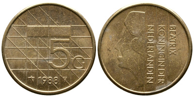 Нидерланды 5 гульденов 1988 Беатрикс (1980-2013) KM 210 никель плакированный бронзой 4384-151