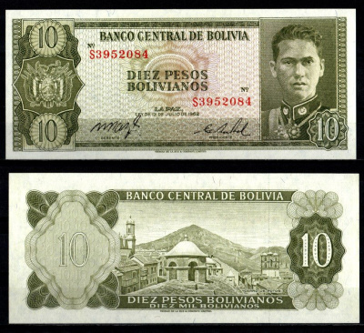 Боливия 10 песо 1962 Pick 154 a (17) бумага UNC (пресс) 6280-15-4-2