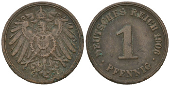 Германия 1 пфенниг 1906 F, Вильгельм II (1888-1918) KM 10, J. 10, Weege 2 медь 4615-222