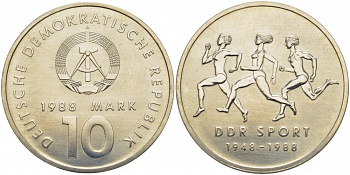 ГДР 10 марок 1988 A, 40 лет союзу физкультуры и спорта ГДР KM 125, J. 1623 медно-никель UNC 272-1035