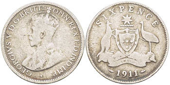 Австралия 6 пенсов 1911 L, Георг V (1910-1936), герб Австралии KM 25 серебро 3955-1263