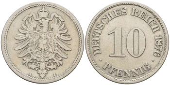 Германия 10 пфеннигов 1876 A, старогербовка KM 4, Jager 4, Weege 7 медно-никель 4516-724