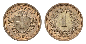 Швейцария 1 раппен 1936 B KM 3.2 бронза aUNC 1528-224
