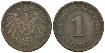 Германия 1 пфенниг 1906 F, Вильгельм II (1888-1918) KM 10, J. 10, Weege 2 медь 4615-222
