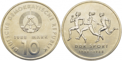 ГДР 10 марок 1988 A, 40 лет союзу физкультуры и спорта ГДР KM 125, J. 1623 медно-никель UNC 272-1035