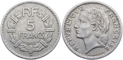 ФРАНЦИЯ 5 ФРАНКОВ 1950 B KM 888b.2 алюминий 74-336