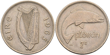 Ирландия 1 флорин 1963 лосось KM 15a медно-никель XF 4583-414