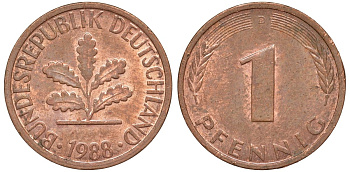 ФРГ 1 пфенниг 1988 D KM 105, J.380 сталь плакированная медью 4174-448