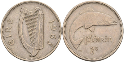 Ирландия 1 флорин 1963 лосось KM 15a медно-никель XF 4583-414