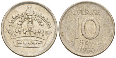 Швеция 10 эре 1960 T;S, Густав VI Адольф (1950-1973) KM 823 серебро 4528-647