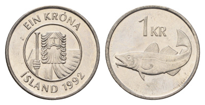 Исландия 1 крона 1992 треска KM 27a сталь плакированная никелем UNC 4687-841