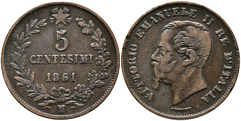 ИТАЛИЯ 5 ЧЕНТЕЗИМО 1861 М, ВИКТОР ИМАНУИЛ II KM 3.2 медь 28-837