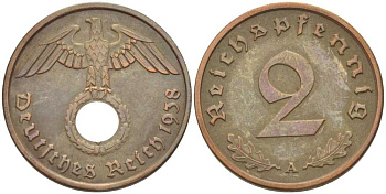 ГЕРМАНИЯ 2 РЕЙХСПФЕННИГА 1938 A KM 90, J. 362 бронза 261-917