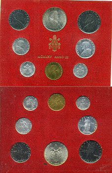 Ватикан набор из 8 монет 1965 1, 2, 5, 10, 20, 50, 100, 500 лир, в оригинальном буклете KM MS69 серебро UNC 8-1-01-12