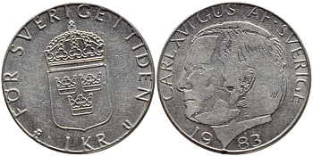 Швеция 1 крона 1983 Карл XVI Густав (1973- ) KM 852a медно-никель 4397-1111