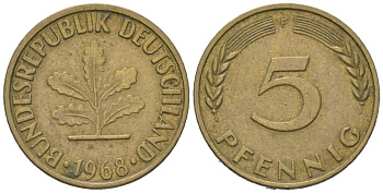 ФРГ 5 пфеннигов 1968 F KM 107, J. 382 сталь плакированная латунью 4147-219