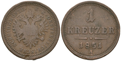 Австрия 1 крейцер 1851 A, Франц Иосиф I (1848-1916) KM 2185 медь 4615-549