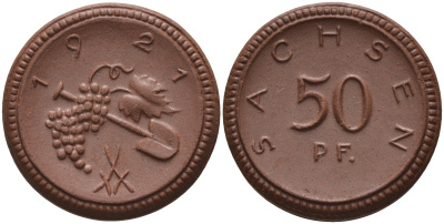 Саксония 50 пфеннигов 1921 виноград и лопата J. N 54 фарфор 1094-5-72