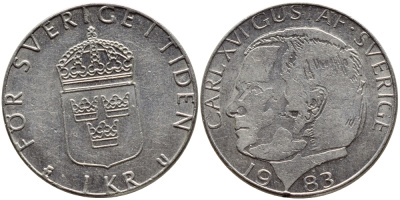 Швеция 1 крона 1983 Карл XVI Густав (1973- ) KM 852a медно-никель 4397-1111
