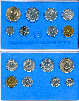 ГДР официальный набор из 8 монет включая 5 марок Бранденбургские ворота 1979 тираж 26000 экземпляров, твердый пластик KM MS1   UNC  1181-4-17