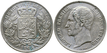 Бельгия 5 франков 1865 Леопольд I (1831-1865) KM 17 серебро 00-1067-6-31