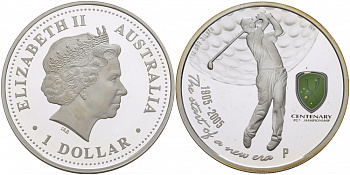 Австралия 1 доллар 2005 100 лет чемпионату мира по гольфу среди профессионалов (Professional Golfer's Association Championship), тираж 7500 экземпляров KM 831 серебро PROOF 1081-4-11