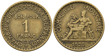 Франция 1 франк 1922 KM 876, Le Franc 218.5 алюминиевая бронза 4142-625