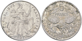 Французская Новая Каледония 5 франков 2016 птица кагу, (IEOM) KM 16, Schoen 12, Lec 81k алюминий 4117-1145