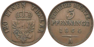 ПРУССИЯ 3 ПФЕННИГА 1864 А, ВИЛЬГЕЛЬМ I (1861-1888) KM 482 медь 117-1057