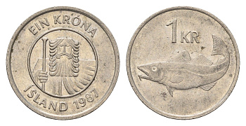 Исландия 1 крона 1987 треска KM 27 медно-никель 4691-534