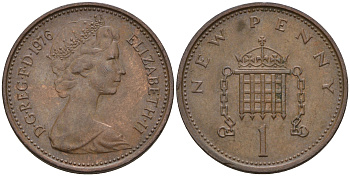 Великобритания 1 пенни 1976 Елизавета II (1952-2022) KM 915, Spink 4237 (B1) бронза    4602-548