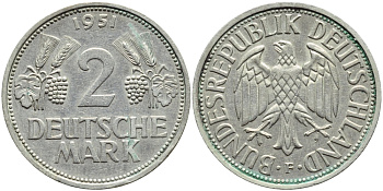 ФРГ 2 марки 1951 F КМ 111 J.386 медно-никель плакированный никелем 85-444