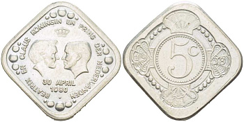 НИДЕРЛАНДЫ ЖЕТОН 1980 КОРОНАЦИЯ КОРОЛЕВЫ БЕАТРИКС 30 АПРЕЛЯ 1980, БЕАТРИКС И ПРИНЦ КЛАУС медно-никель 217-352