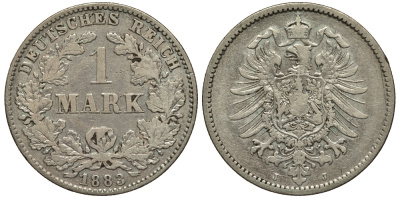 Германия 1 марка 1883 J Weege 17, J. 9, KM 7 серебро 413-5022