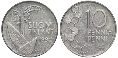 ФИНЛЯНДИЯ 10 ПЕННИ 1992 M, ЛАНДЫШ KM 65 медно-никель 3334-1162