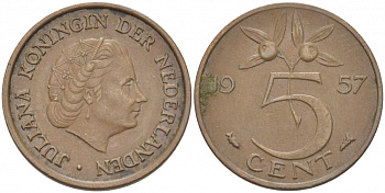 НИДЕРЛАНДЫ 5 ЦЕНТОВ 1957 ЮЛИАНА KM 181 бронза 214-812