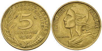 Франция 5 сантимов 1966 KM 933 алюминиевая бронза 4152-432