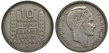 Франция 10 франков 1949 B, тип Пьер Турин, PETIT TETE KM 909.2, LE FRANC 362.7 медно-никель 27-835